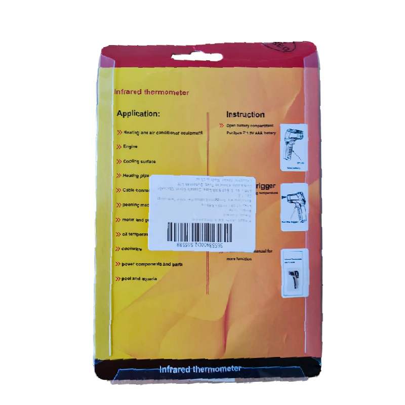 Infrared thermometer packaging with application and instruction details.